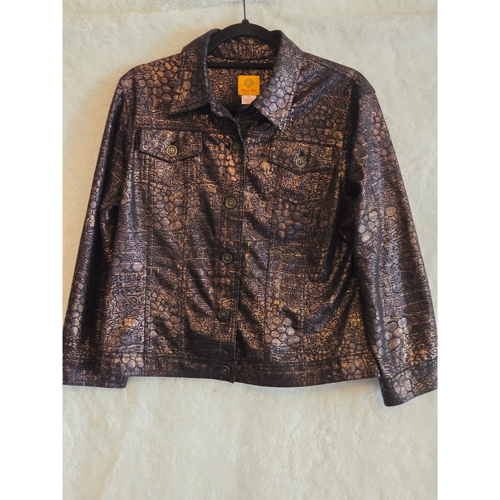 Ruby Rd Womens Bronze Metallic Animal Print Button Front Jacket Size 14 Copper